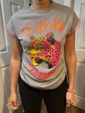 Def Leppard Grey and Pink Upcycled Band Tee Rhinestones and Lace Trim Sleeve